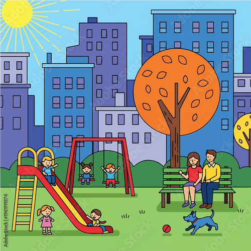 Family Enjoying Day at Playground Together.