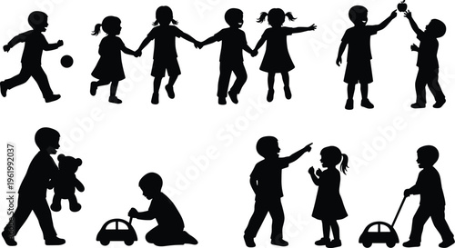 Children silhouettes playing set, kids activities with toys, friendship, fun, childhood moments, playful poses isolated on white background, education and lifestyle concept