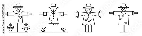 Four scarecrows with various facial expressions and clothing styles in black lines