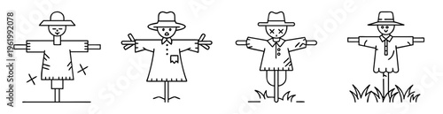Collection of minimalistic scarecrow illustrations with different designs and details
