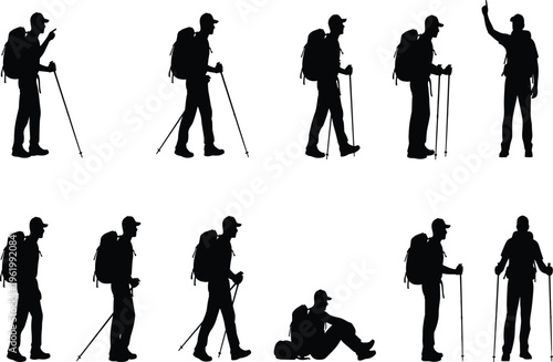 Hiker silhouettes set, trekking people with backpacks and walking sticks, outdoor adventure, camping, hiking journey poses, isolated on white background, exploration lifestyle concept