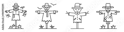 Line art illustration of four scarecrows with varying expressions and clothing styles