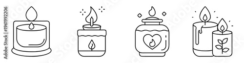 A collection of burning candles with various containers and design elements