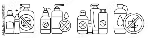 Outline illustration depicting ecofriendly and allergenfree cosmetic and cleaning products