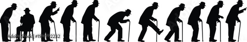 Silhouette aging process of man from adulthood to elderly with cane, human life stages sequence, aging concept, black figures isolated on white background