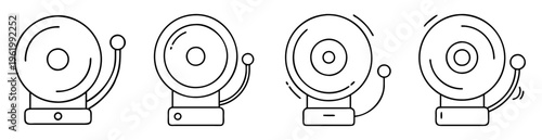 Monochrome line art illustration of four school fire alarm bells icons