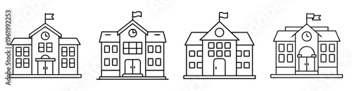 Outline drawings showcasing various building structures with flags adorning each roof peak