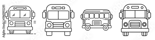 Four school buses in a row with a variety of styles