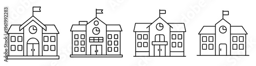 Four different black and white school house buildings with waving flags