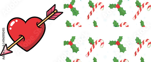 Red heart pierced by an arrow vector illustration along with a seamless Christmas pattern featuring candy canes holly leaves and snowflakes on white background.