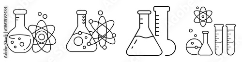 Science and Chemistry Icons Set Featuring Beakers, Test Tubes and Atoms