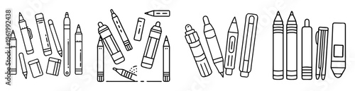 Black and white line drawing of various writing and drawing instruments