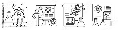 Conceptual outline icons depicting scientific research, presentations, chemistry and molecular studies