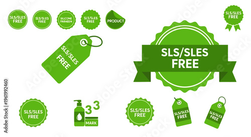 A collection of green circular and tag icons highlighting sls and sles free cosmetic ingredients