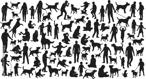 Silhouette collection of people with dogs and pets, family activities, walking, playing, training animals, lifestyle scenes, black figures isolated on white background