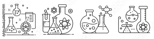 Science and Chemistry Elements Line Art Set with Different Laboratory Equipment