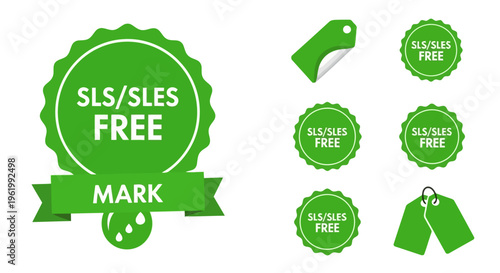 A collection of green circular and tag shaped stickers indicating sls sles free product quality