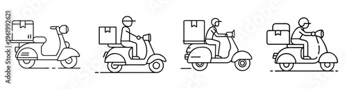 Delivery Scooter Icons with Courier and Package, Transportation Concept in Line Art