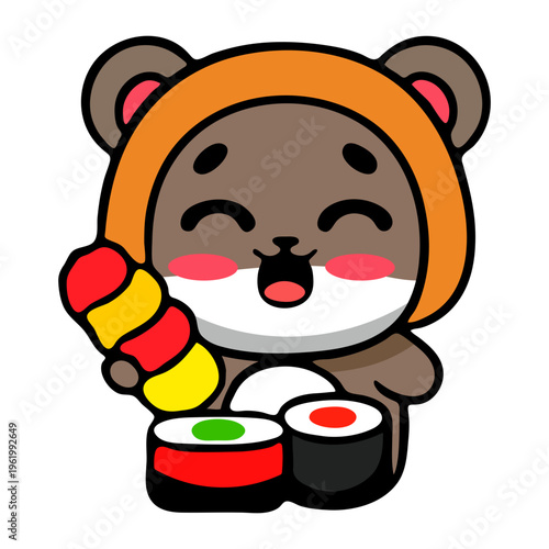 A cute cartoon bear holding sushi rolls in a playful and colorful illustration