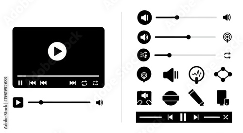 A collection of black vector icons representing video player controls and multimedia interface tools
