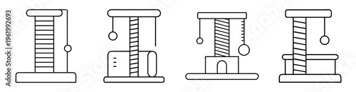 Linear black and white illustrations of various cat trees with toys