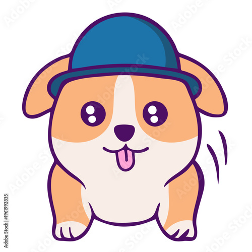 A cute cartoon corgi wearing a blue bowler hat and smiling