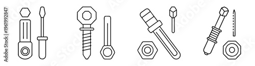 Outline illustration of various fasteners, including screws, nuts, bolts, and wrenches