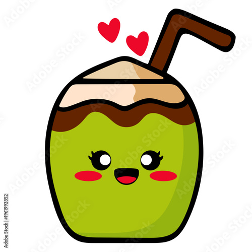 A cute cartoon coconut drink with a smiling face and heart above it