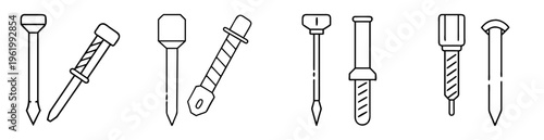 A collection of fastener designs including nails, spikes, and threaded fasteners