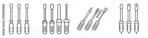 Black and white outlines of multiple types of screwdrivers in sets