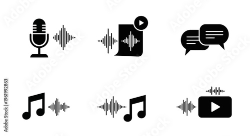 A collection of black silhouette icons representing various audio and digital media file formats