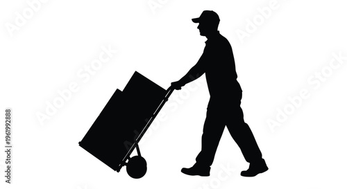 Man pushing hand truck stark black form against white background silhouette