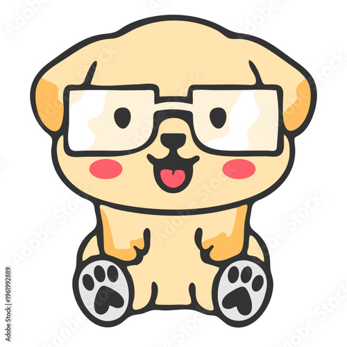 A cute cartoon dog wearing glasses and sitting on its haunches in a vector graphic illustration