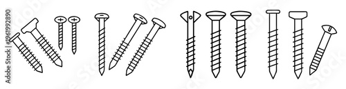 Detailed line drawing showing a variety of different types of screws