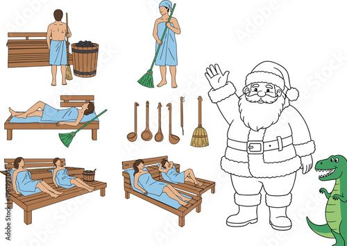 Traditional sauna culture vector set with people in blue towels relaxing alongside a waving Santa Claus line art and cute green dinosaur