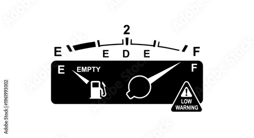 Graphic representation of a vehicle fuel gauge showing an empty tank with a low fuel warning icon