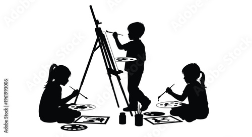 Children painting and drawing with an easel a charming silhouette