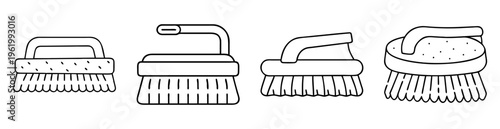 Monochrome line art illustration of four different style scrub brushes