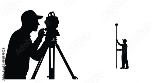 Surveyors using theodolite and leveling rod a striking silhouette
