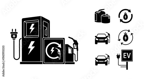 Black and white vector icons representing electric vehicle charging and traditional fuel stations