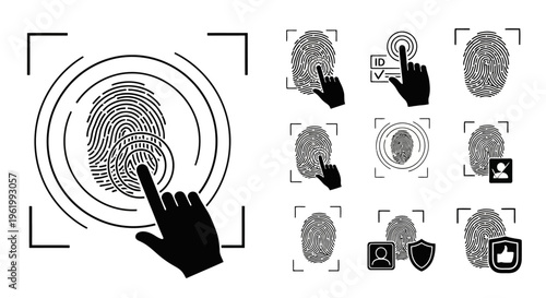 A collection of black and white icons depicting fingerprint scanning and biometric authentication