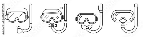 Black and white outline drawing of various designs of snorkeling masks
