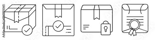 Delivery process illustration showing order confirmation, shipment in transit, security, and certificate