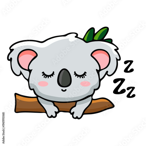 A cute cartoon koala sleeping peacefully on a tree branch with a serene expression