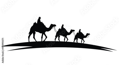 Three camels traverse a desert landscape in stark silhouette
