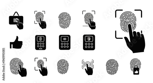 A collection of black icons representing fingerprint scanning and biometric security technology