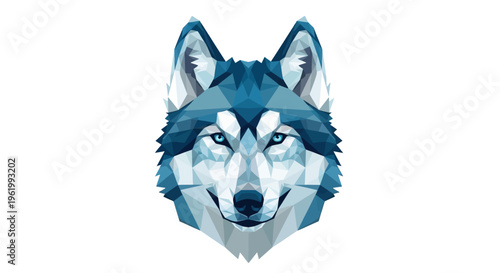 Geometric Wolf Head Low Poly Art Style, Blue Tones, White Background