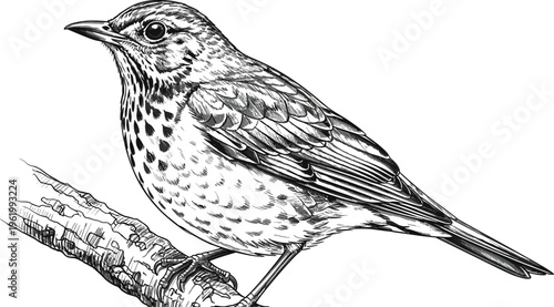 Detailed black and white hand drawn engraving illustration of a song thrush bird perched on a tree branch isolated on white background.