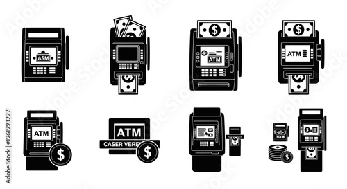 A collection of black and white icons depicting automated teller machines and banking technology