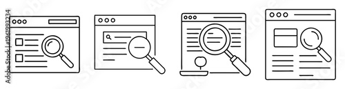 search engine optimization with magnifying glass on multiple webpage icons